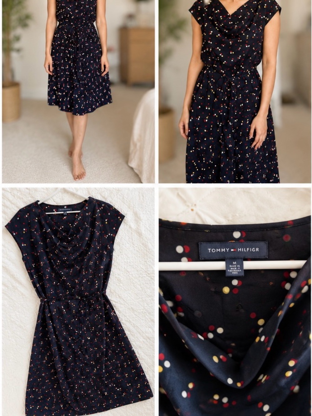 Tommy Hilfiger Navy Cowl Neck Polka Dot Midi Dress M